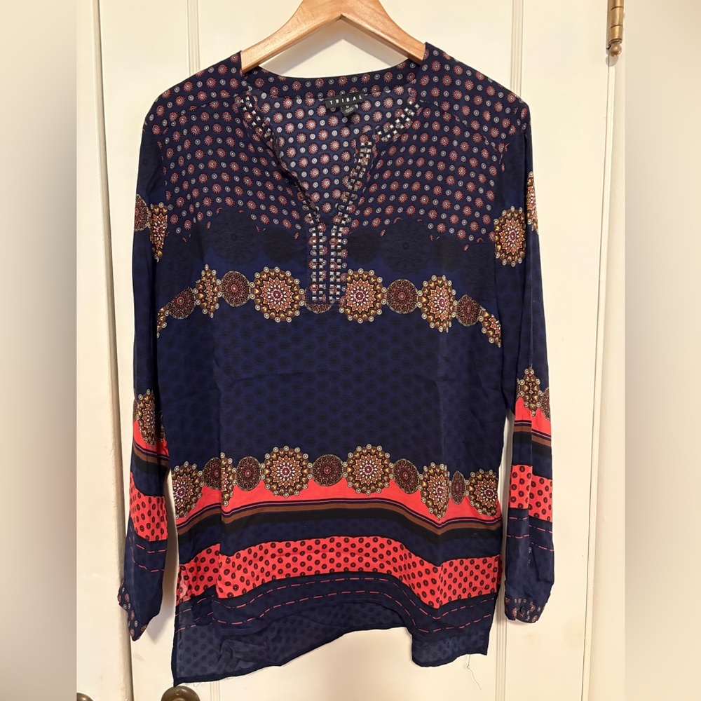 Tribal Women's Navy and Red Patterned blouse. Size M